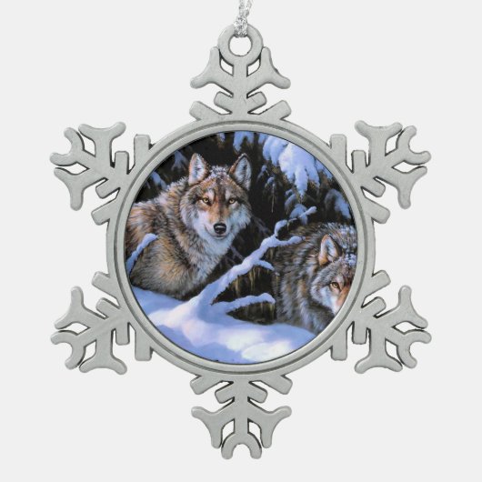 Mooie twee wolven schilderijen tin sneeuwvlok ornament (Voorkant)