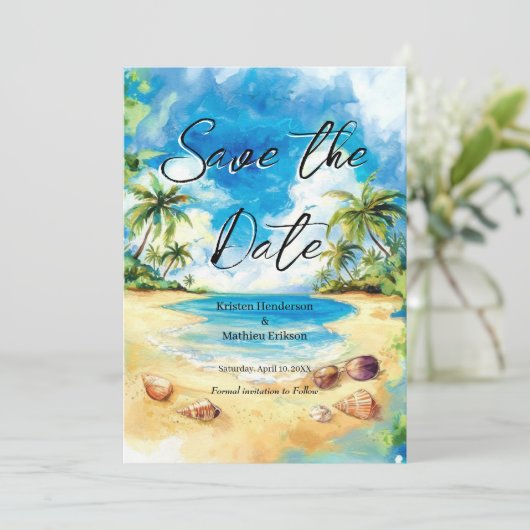 Mooie typografie strand bruiloft save the date (Staand voorkant)