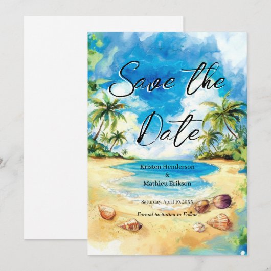 Mooie typografie strand bruiloft save the date (Voorkant / Achterkant)