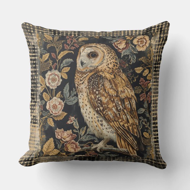 Mooie Uil in de Bloementuin ,Goud Geruit , Kussen (Voorkant)