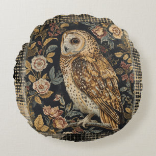 Mooie Uil in de Bloementuin ,Goud Geruit , Rond Kussen