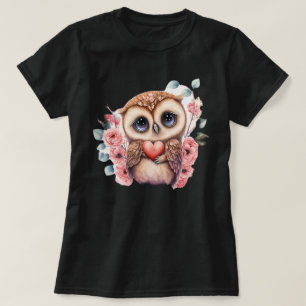 Mooie uil met hart te midden van kleurrijke bloeme t-shirt