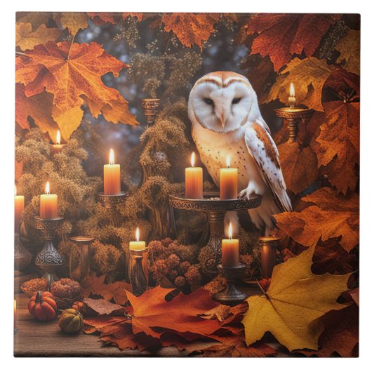 Mooie uil mystieke herfst bladeren kaarsen tegeltje (Voorkant)