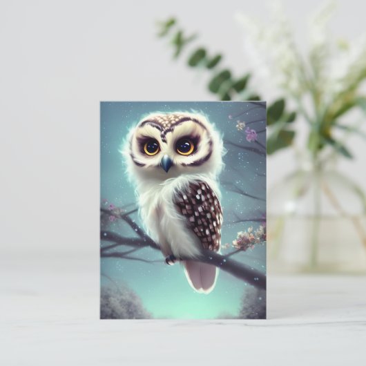 Mooie Uil Schilderij op een tak bij Nacht. Briefkaart (Staand voorkant)