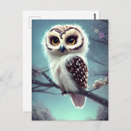 Mooie Uil Schilderij op een tak bij Nacht. Briefkaart (Voorkant / Achterkant)