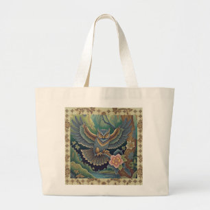 Mooie uil spreidt zijn vleugels en batik stijl grote tote bag
