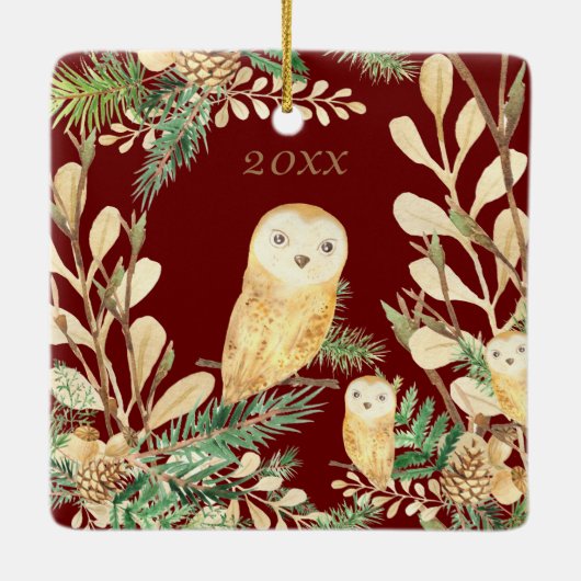 Mooie uilen Rode dennenboom Aquarel Kerst Jaar Keramisch Ornament (Achterkant)