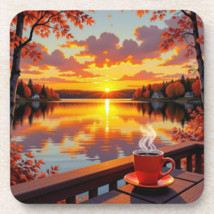Mooie uitzicht aan het meer bij zonsopgang en warm bier onderzetter