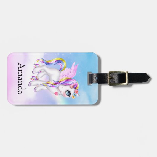 Mooie Unicorn met regenboogmane en staart Bagagelabel (Voorkant horizontaal)