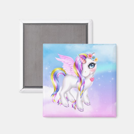 Mooie Unicorn met regenboogmane en staart Magneet (Voorkant / Achterkant)