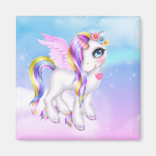 Mooie Unicorn met regenboogmane en staart Magneet (Voorkant)