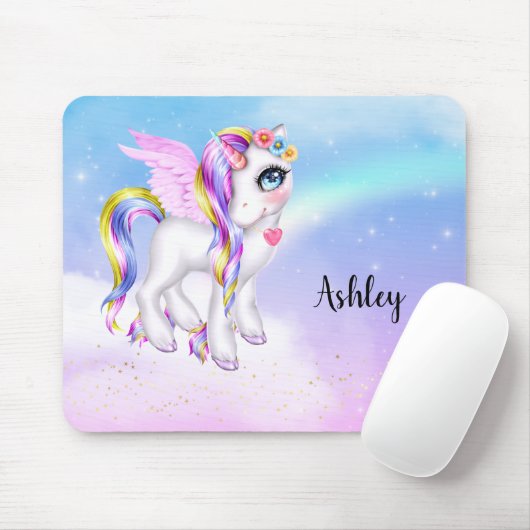 Mooie Unicorn met regenboogmane en staart Muismat (Met muis)