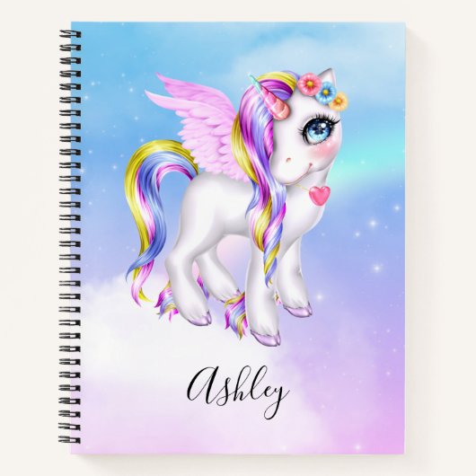 Mooie Unicorn met regenboogmane en staart Notitieboek (Voorkant)