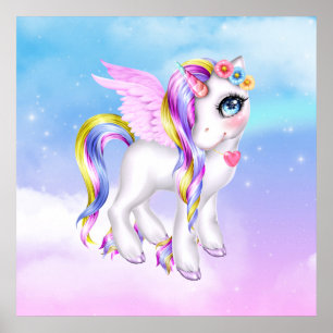 Mooie Unicorn met regenboogmane en staart Poster