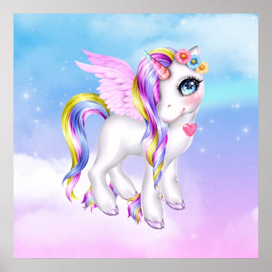Mooie Unicorn met regenboogmane en staart Poster (Voorkant)