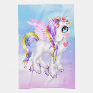Mooie Unicorn met regenboogmane en staart Theedoek