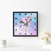 Mooie Unicorn met regenboogmane en staart Vierkante Klok (Huis)