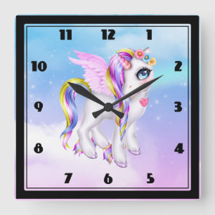 Mooie Unicorn met regenboogmane en staart Vierkante Klok