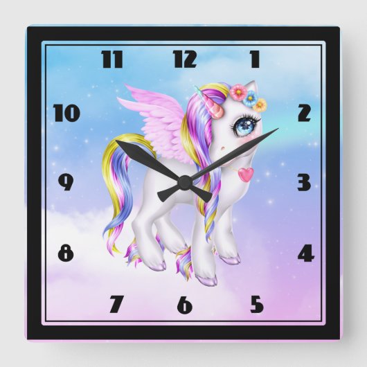 Mooie Unicorn met regenboogmane en staart Vierkante Klok (Voorkant)