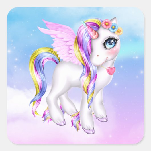 Mooie Unicorn met regenboogmane en staart Vierkante Sticker (Voorkant)