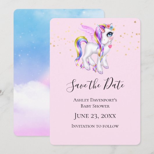 Mooie Unicorn met regenboogmane Shower Save The Date (Voorkant / Achterkant)