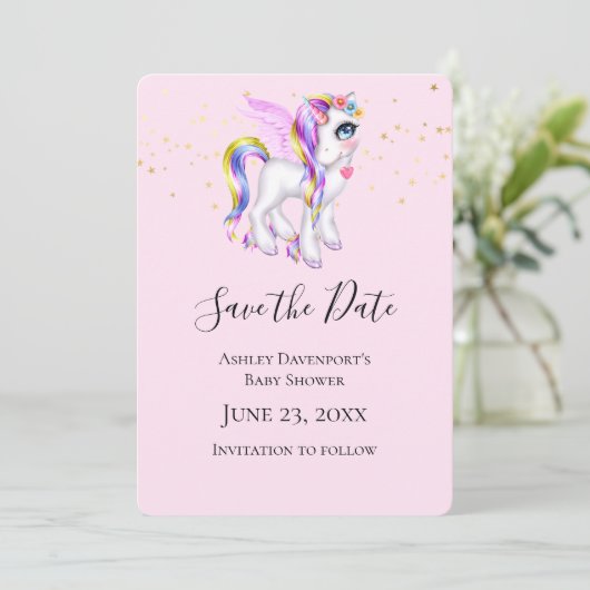 Mooie Unicorn met regenboogmane Shower Save The Date (Staand voorkant)