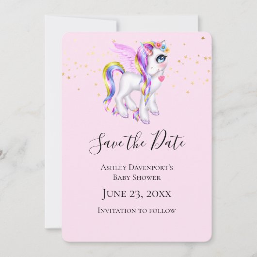 Mooie Unicorn met regenboogmane Shower Save The Date (Voorkant)