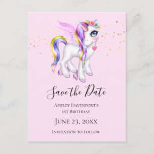 Mooie Unicorn met regenboogmane sparen de Datum Uitnodiging Briefkaart