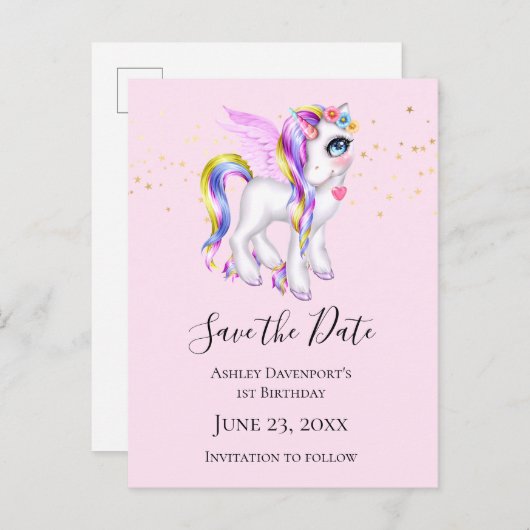 Mooie Unicorn met regenboogmane sparen de Datum Uitnodiging Briefkaart (Voorkant / Achterkant)