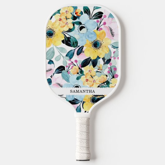 Mooie, unieke blauwe en gele bloem pickleball paddle (Voorkant)