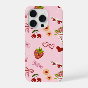 Mooie Valentijns Snoepjes & Aardbeien Patroon iPhone 15 Pro Case