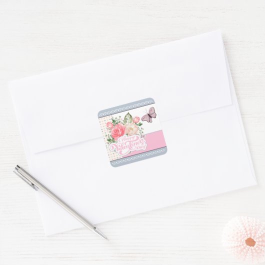 Mooie Valentijnsdag van Floral en Butterfly Vierkante Sticker (Envelop)