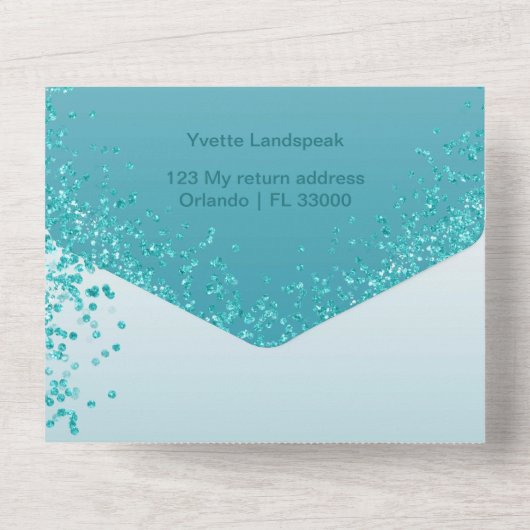 Mooie vallende Blauwgroen Blue Glitter 60e verjaar All In One Uitnodiging (Achterkant)