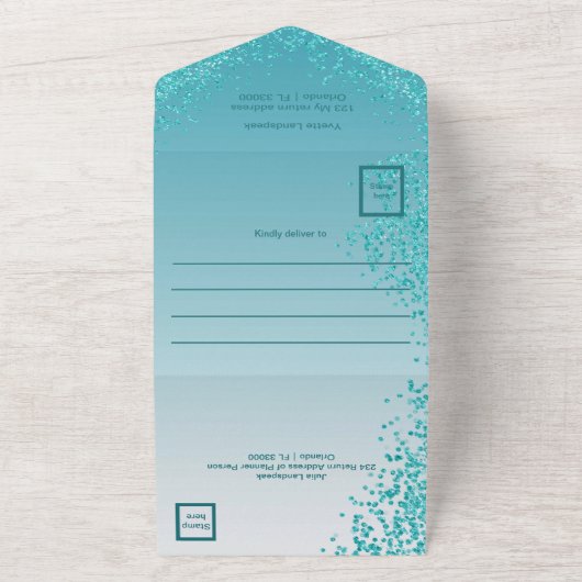 Mooie vallende Blauwgroen Blue Glitter 70e verjaar All In One Uitnodiging (Buitenkant)