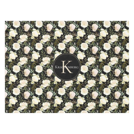 Mooie Vanilla White Roses aangepaste monogram Tafelkleed (Voorkant (Horizontaal))