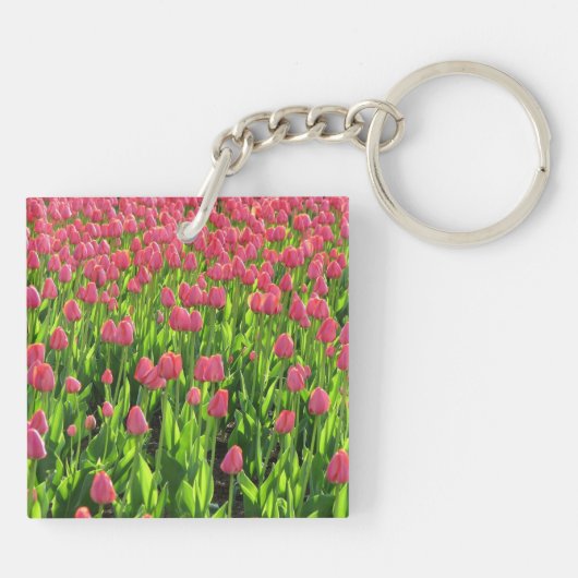 Mooie veld met roze tulpen sleutelhanger (Achterkant)