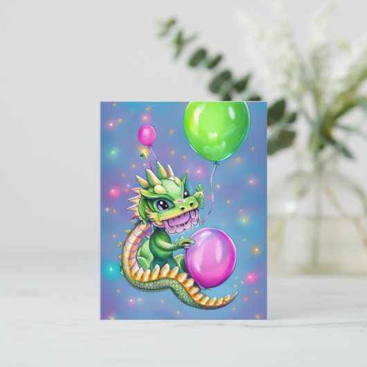 Mooie Verjaardagsdraak met Ballonnen Briefkaart (Staand voorkant)