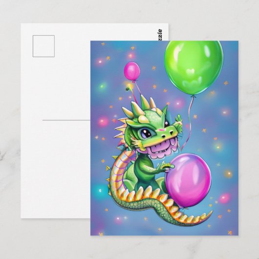 Mooie Verjaardagsdraak met Ballonnen Briefkaart (Voorkant / Achterkant)