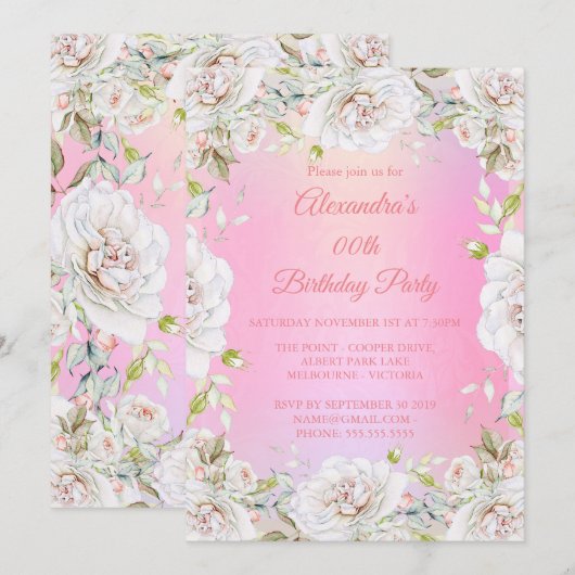 Mooie verjaardagsfeest bloemrijke roze witte rozen kaart (Voorkant / Achterkant)