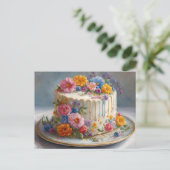 Mooie verjaardagstaart met bloemen briefkaart (Staand voorkant)
