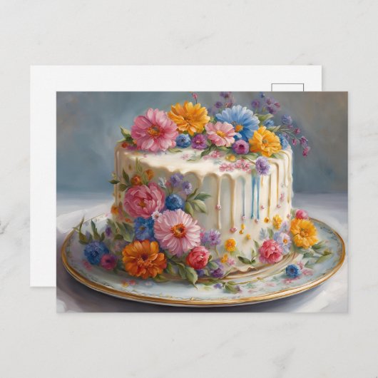 Mooie verjaardagstaart met bloemen briefkaart (Voorkant / Achterkant)