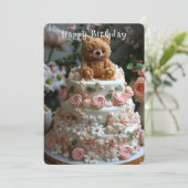 Mooie verjaardagstaart Teddybeer  bloemen Kaart (Staand voorkant)