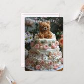 Mooie verjaardagstaart Teddybeer  bloemen Kaart (Voorkant / Achterkant in situ)