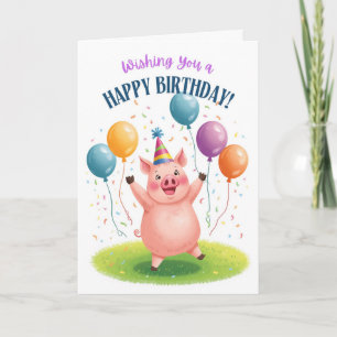 Mooie verjaardagsvarken met ballonnen confetti kaart