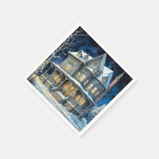 Mooie verlichte kersthuis servet (Hoek)