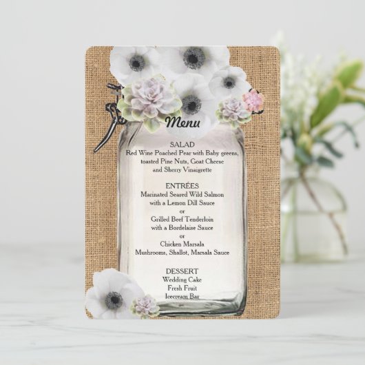 Mooie, vetplanten en bloemen op Burlap Menu (Staand voorkant)