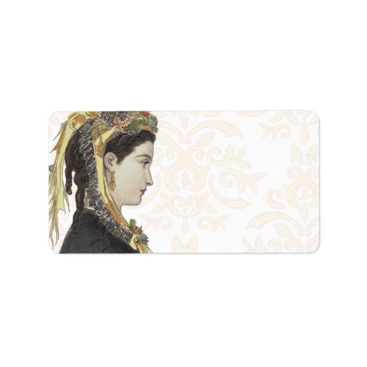 Mooie Victoriaans Dame in profiel Damask Terug Etiket (Voorkant)