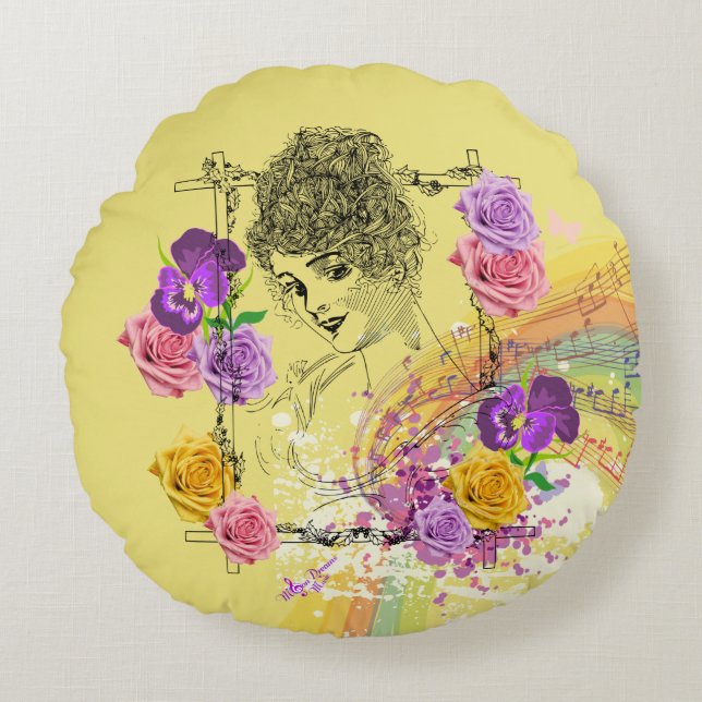 Mooie Victoriaans Lady YellowFloral Round Pillow Rond Kussen (Voorkant)