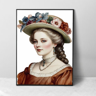 Mooie Victoriaanse Dame Bruine Bloemhoed Portret Poster