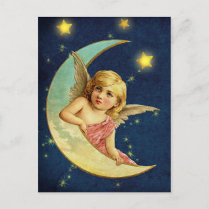 Mooie Victoriaanse hemelse engel op wassende maan Briefkaart